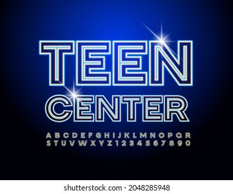 Vector Modern Emblem Teen Center. Creative Neon Font. Glowing Alphabet Letters And Numbers Set