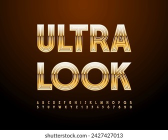 Vector modern Emblem Ultra Look. Cool Gold Font. Exclusive Alphabet Letters and Numbers set.