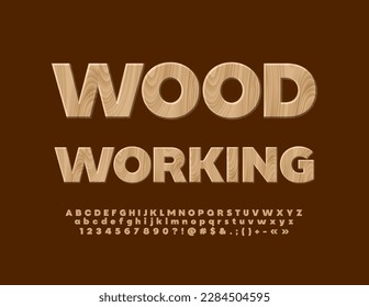 Obra vectorial moderna Emblem Woodwork. Fuente creativa. Juego de letras y números de alfabeto texturizado de árbol