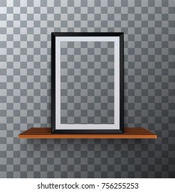 Vector modern empty frame standing on a wooden shelf. With transparent background