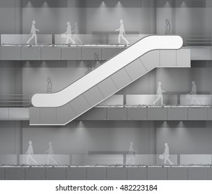 Vector Modern Escalator with Place for Advertising Side view Isolated on Office Mall Shopping Center Business Building Interior Background