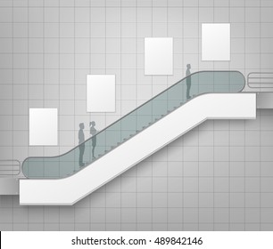 Vector Modern Escalator with Place for Advertising Side view Isolated on Office Mall Shopping Center Business Building Interior Background