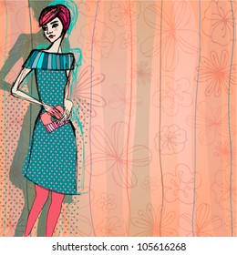 vector modern fashion background with elegant stylized fashion model