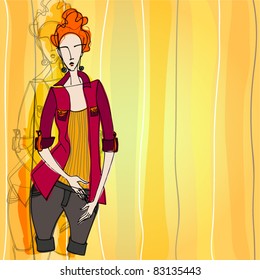 vector modern fashion background with elegant stylized fashion model for your autumn design
