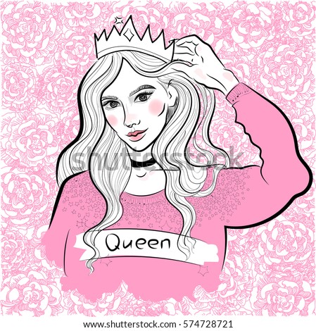 vector modern fashionable girl in sweater and crown, queen, princess, on the background of blooming peonies and roses