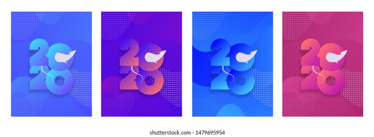 Vector modern flat 2020 new year greeting vertical banner template set. Gradient text with rat chinesse symbol on fluid background. Design illustration for china calendar, holiday card, party poster