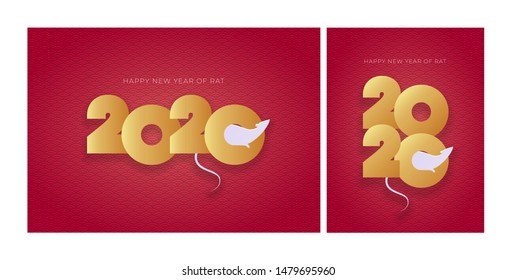 Vector modern flat 2020 new year greeting banner template set. Gold gradient text with rat chinesse symbol on red pattern background. Design illustration for calendar, holiday card, party poster