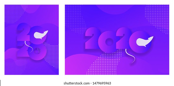 Vector modern flat 2020 new year greeting banner template set. Violet gradient text with rat chinese symbol on purple fluid background. Design illustration for calendar, holiday card, party poster