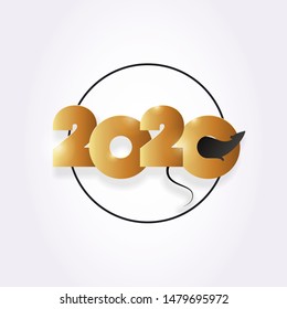 Vector modern flat 2020 new year greeting banner template. Gold gradient text with black rat silhouette in circle frame on white. Design illustration for calendar, holiday card, party poster, xmas