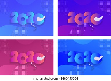 Vector modern flat 2020 new year greeting horizontal banner template set. Gradient text with rat chinesse symbol on fluid background. Design illustration for china calendar, holiday card, party poster