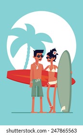 Vector modern flat abstract poster wall art design on surfer exotic paradise with full length laughing surf boy and girl couple holding their surfboards on palm silhouette on sun background