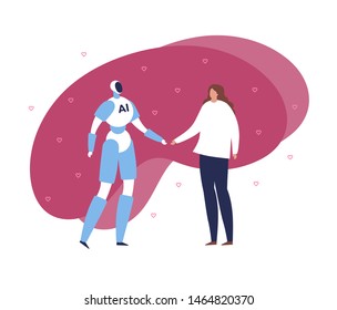 Vector modern flat artificial intelligence communication banner template. Blue robot and male person hand shake and talking on red fluid shape. Design element for future science, robotic, ai poster.