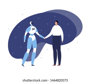 Vector modern flat artificial intelligence communication banner template. Blue robot and male person hand shake and talking. Design element for future science, robotic, ai poster.