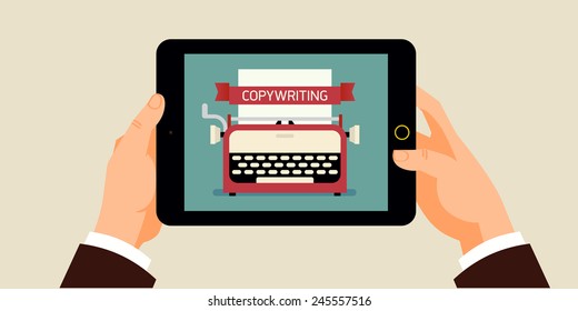 Vector modern flat background on hands holding tablet computer with typewriter and 'Copy writing' title icon on screen |  Concept horizontal banner design on copy writing for business and industry