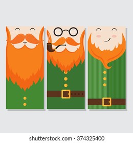 Vector modern flat card design with Saint Patrick's Day symbols -  leprechauns, green hat, red beards, seamless pattern with clover. Vector holiday badge design. 