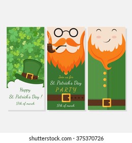 Vector modern flat card design with Saint Patrick's Day symbols -  leprechauns, green hat, red beards, seamless pattern with clover. Vector holiday badge design. 