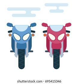 Vector modern flat cartoon illustration of front side of two motorcycles.