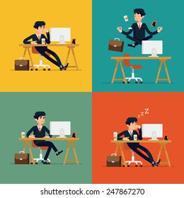 Vector modern flat character design on businessman at work | Funny office character for web sites applications business strategy marketing presentations with bored confident tired and meditating man