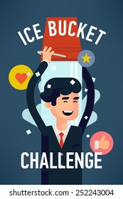 Vector modern flat character design on happy businessman participating in ice bucket challenge, full length | Concept design on ice bucket challenge 