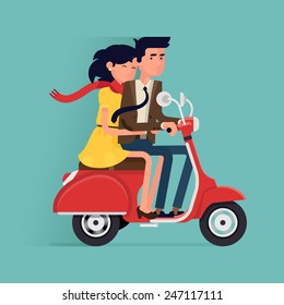 Vector modern flat character Valentine's day design item man and woman couple riding scooter together | Romantic happy young lovers couple dating | Casual clothed boy taking girl in dress for a ride