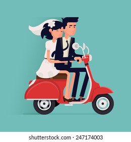 Vector modern flat character wedding design item bride and groom couple riding scooter together | Romantic happy just married couple traveling on moped