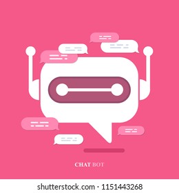 Vector modern flat chat bot with speech bubble icons on pink background. Support cartoon smart robot design