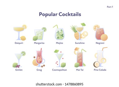 Vector modern flat cocktail illustration set. Collection of colorful fashion alcoholic cocktails in glasses icons isolated on white background. Design element for menu, bar, restaurant, poster, banner