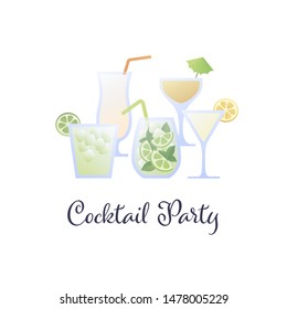 Vector modern flat cocktail party banner illustration template. Set of color alcoholic cocktails in glasses icons isolated on white background. Design element for menu, bar, restaurant, poster, banner