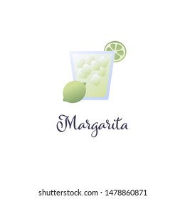 Vector modern flat cocktails illustration. Green margarita cocktail in glass with lime slice symbol isolated on white background. Design element for alcoholic beverage menu, ad, restaurant, cafe.