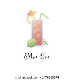 Vector modern flat cocktails illustration. Mai tai cocktail in glass with umbrella, straw and fruit slice isolated on white. Design element for logo, alcoholic beverage menu, ad, restaurant, cafe