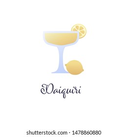 Vector modern flat cocktails illustration. Yellow daiquiri cocktail in glass with lemon slice symbol isolated on white background. Design element for alcoholic beverage menu, ad, restaurant, cafe.