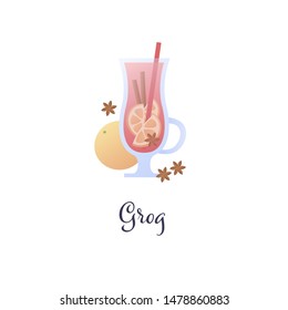 Vector modern flat cocktails illustration. Red grog cocktail in glass with orange and cinnamon symbol isolated on white. Design element for logo, alcoholic beverage menu, ad, restaurant, cafe
