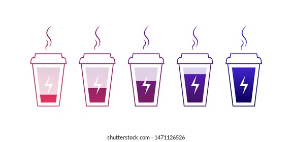 Vector modern flat coffee battery icon illustration set. Color mug with smoke and energy symbol isolated on white background. Concept of morning energy, charging drink. Design element