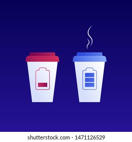 Vector modern flat coffee battery icon illustration set. White mug with with color cup smoke and energy symbol isolated on blue background. Concept of morning energy, charging drink. Design element