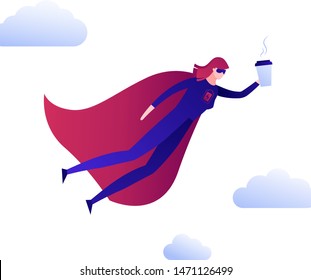 Vector modern flat coffee superhero person illustration. Color female hero in red cloak flying with cup in cloudy sky isolated on white. Concept of morning energy, charging drink. Design element
