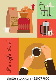 Vector modern flat coffee themed design featuring coffee mill, table and chair, hands holding coffee mug and 'It's coffee time!' title 