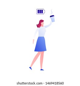 Vector modern flat coffee woman person illustration. Color succesful female holding cup in hand and battery icon isolated on white. Concept of business, mood, emotion, solution, idea. Design element