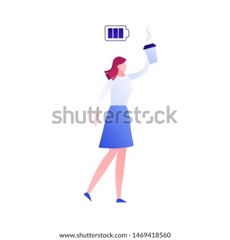 Vector modern flat coffee woman person illustration. Color succesful female holding cup in hand and battery icon isolated on white. Concept of business, mood, emotion, solution, idea. Design element
