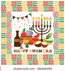 Vector modern flat concept design on Kwanzaa greeting card featuring Kinara candle holder with lit up candles. Happy Kwanzaa illustration with title.