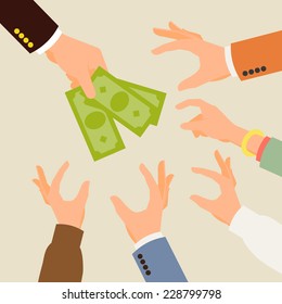 Vector modern flat concept design on funding | Creative illustration on hand holding green banknotes and multiple hands reached out to take it