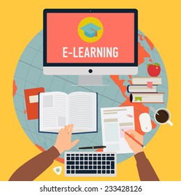 Vector modern flat concept design on online education process | Creative illustration on e-learning process featuring human hands, book, test blank, personal desktop computer and more, top view