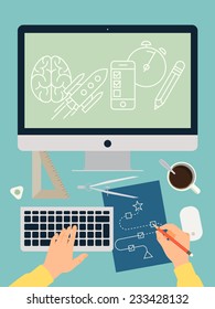 Vector modern flat concept design on digital developing process | Creative illustration on strategy research process featuring hands, blueprint with plan, personal desktop computer and more, top view
