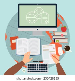 Vector modern flat concept design on online training process | Creative illustration on e-learning process featuring human hands, book, test blank, personal desktop computer and more, top view