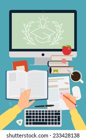 Vector modern flat concept design on online graduation process | Creative illustration on e-learning process featuring human hands, book, test blank, personal desktop computer and more, top view