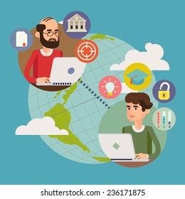 Vector modern flat concept design on web education process | Creative illustration on e-learning process with teacher and student characters using their laptops; target, achievement, graduation icons