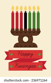 Vector modern flat concept design on Kwanzaa greeting card featuring Kinara candle holder with three red, one black and three green lit up candles | Happy Kwanzaa banner template