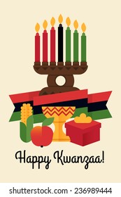 Diseño moderno de concepto plano vectorial en la tarjeta de felicitación Kwanzaa con soporte de velas Kinara con velas encendidas, bandera, oreja de maíz, taza, manzana roja, caja de regalo| Feliz Kwanzaa ilustración con título