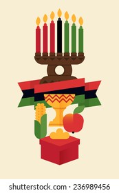 Vector modern flat concept design on Kwanzaa greeting card featuring Kinara candle holder with lit up candles, flag, ear of corn, cup, red apple, gift box | Happy Kwanzaa illustration