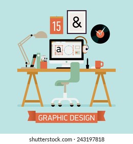 Vector modern flat concept design on graphic designer workplace office interior featuring desktop computer, work lamp, chair, stationery, designer clock and more 