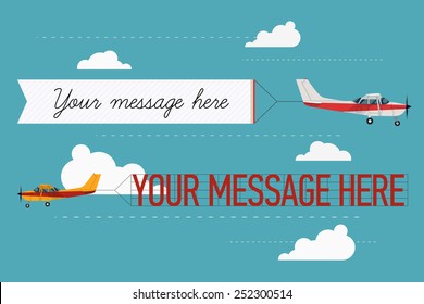 Vector modern flat concept design on flying advertising banners pulled by light plane. Ideal for web banners and printable materials